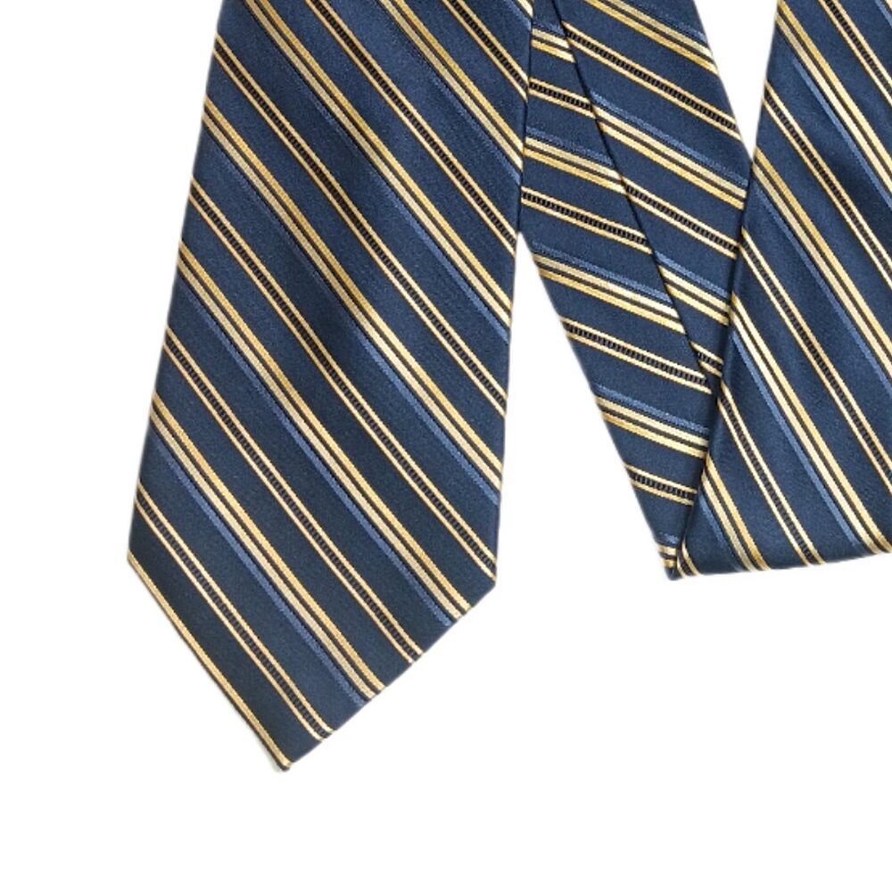 Jones New York Silk Tie Men’s 60” Navy Blue Gold Striped Designer Wide Tie New